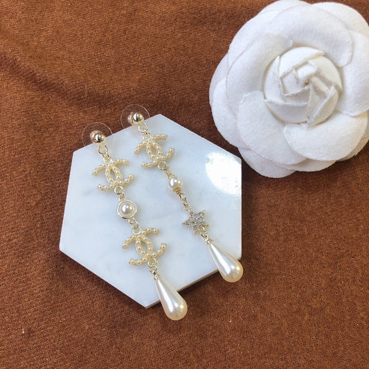 2025 Classic Double C Flower Pearl Star Dangle Earrings