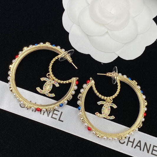 2025 Colored Pearls Large Hoop Earrings
