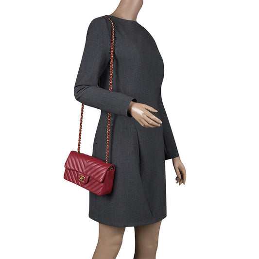2025 Bag Dark Red Chevron Leather New Mini Classic Flap Bag