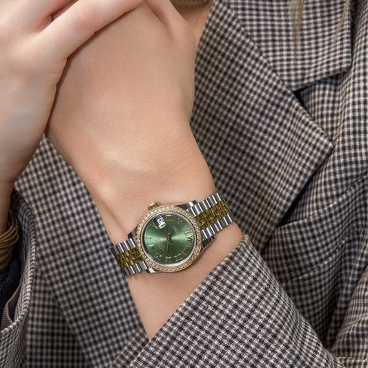 2025 Watch Datejust 278383RBR Two-Toned Yellow Gold Stainless Steel Green Roman Dial Diamond Bezel