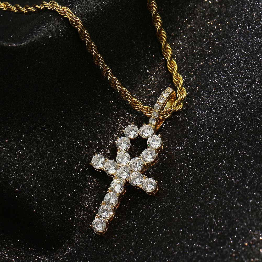 2025 Micro Paved Zircon Hip Hop Anka Key Cross Hip Hop Pendant Necklace