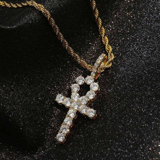 2025 Micro Paved Zircon Hip Hop Anka Key Cross Hip Hop Pendant Necklace
