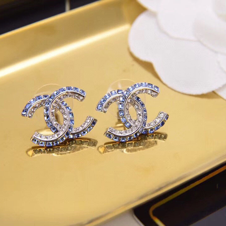 2025 Blue Double Row Diamond Letter Earrings