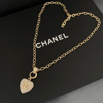 2025 Classic Double C Heart Shape Rhinestone Cutout Necklace