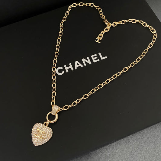 2025 Classic Double C Heart Shape Rhinestone Cutout Necklace