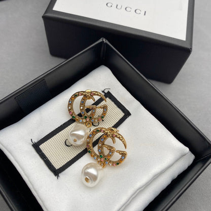 2025 Fashion Double Colored Diamond Pendant Pearl Earrings