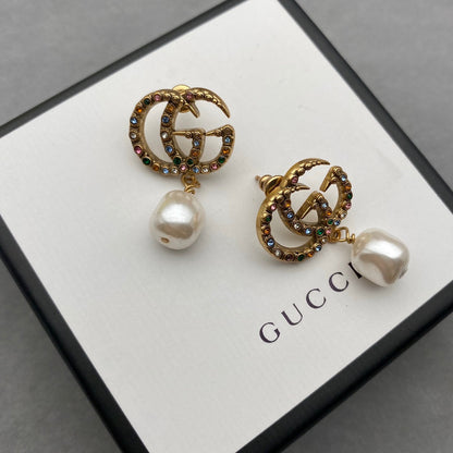 2025 Fashion Double Colored Diamond Pendant Pearl Earrings