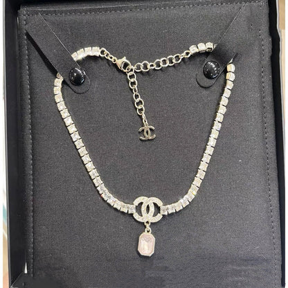 2025 Double Square Diamond Rhinestone Pendant Necklace