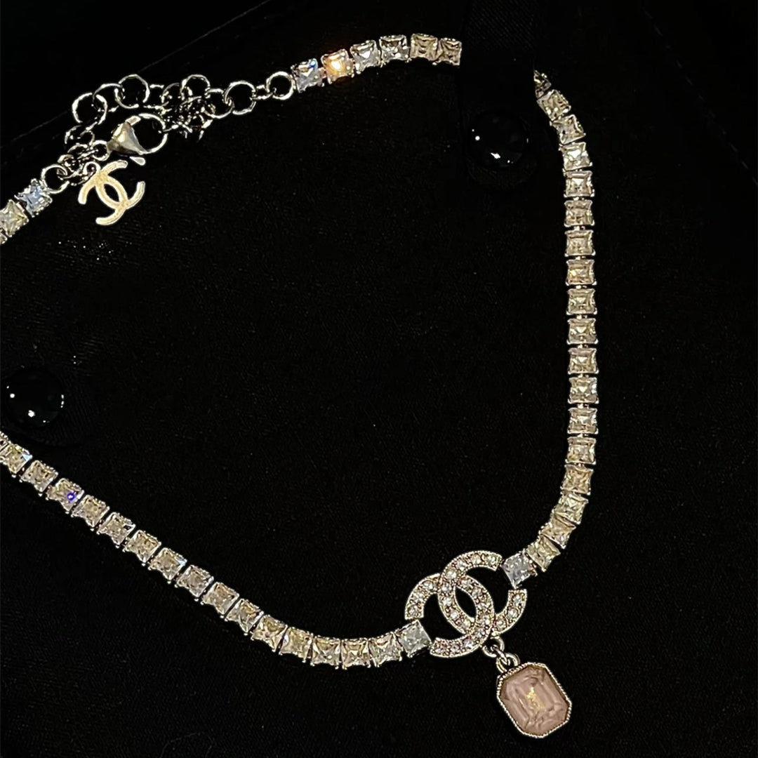 2025 Double Square Diamond Rhinestone Pendant Necklace