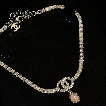 2025 Double Square Diamond Rhinestone Pendant Necklace