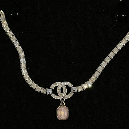 2025 Double Square Diamond Rhinestone Pendant Necklace