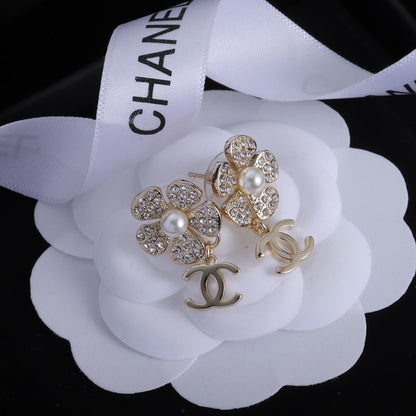 2025 Classic Double C Flower Pearl Rhinestone Earrings