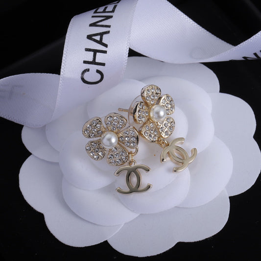2025 Classic Double C Flower Pearl Rhinestone Earrings