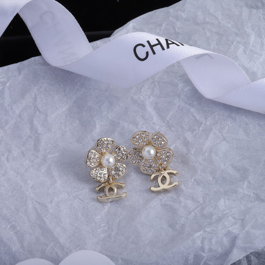 2025 Classic Double C Flower Pearl Rhinestone Earrings
