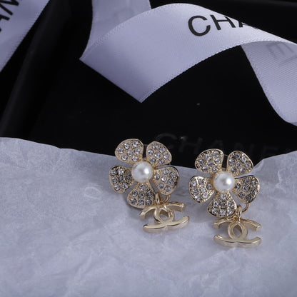 2025 Classic Double C Flower Pearl Rhinestone Earrings