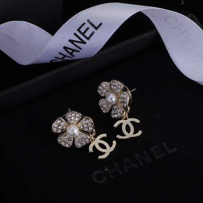 2025 Classic Double C Flower Pearl Rhinestone Earrings