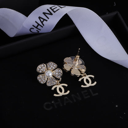 2025 Classic Double C Flower Pearl Rhinestone Earrings