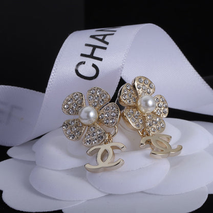 2025 Classic Double C Flower Pearl Rhinestone Earrings