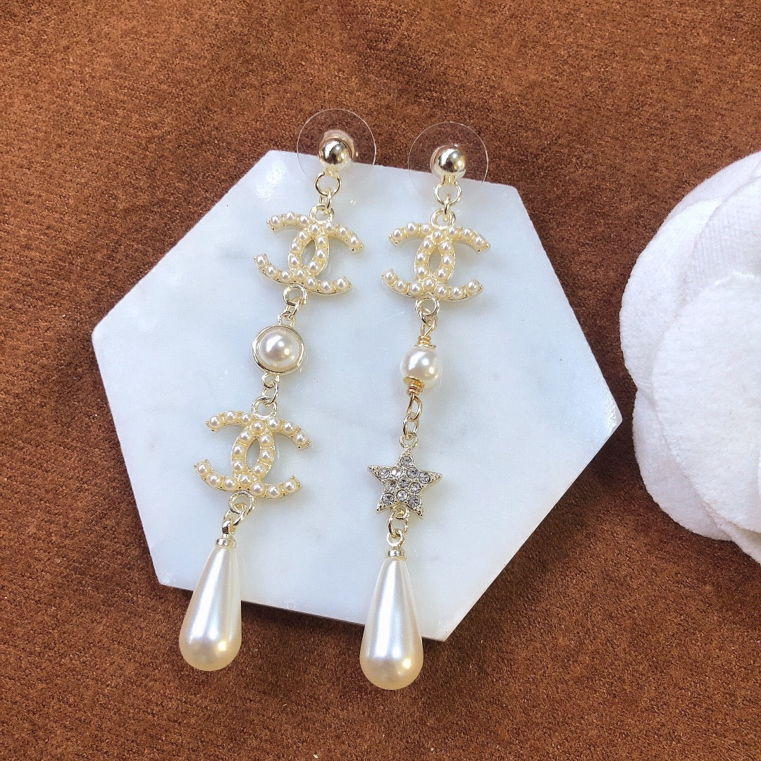 2025 Classic Double C Flower Pearl Star Dangle Earrings