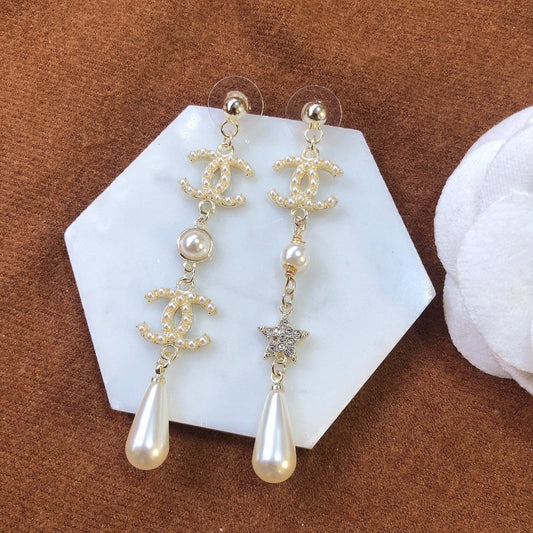 2025 Classic Double C Flower Pearl Star Dangle Earrings