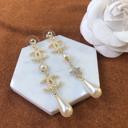 2025 Classic Double C Flower Pearl Star Dangle Earrings