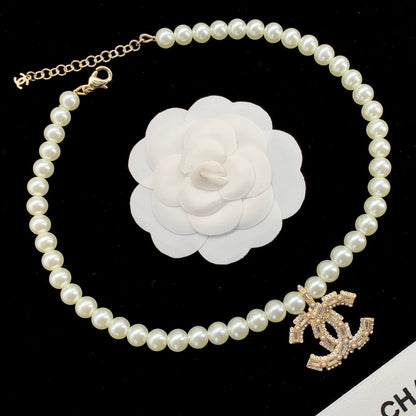 2025 Double C pearl rhinestone non-standard pendant necklace