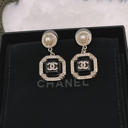 2025 Classic CC Square Pearl Rhinestone Drop Earrings