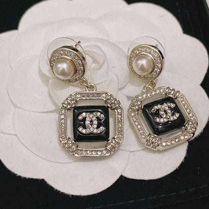 2025 Classic CC Square Pearl Rhinestone Drop Earrings