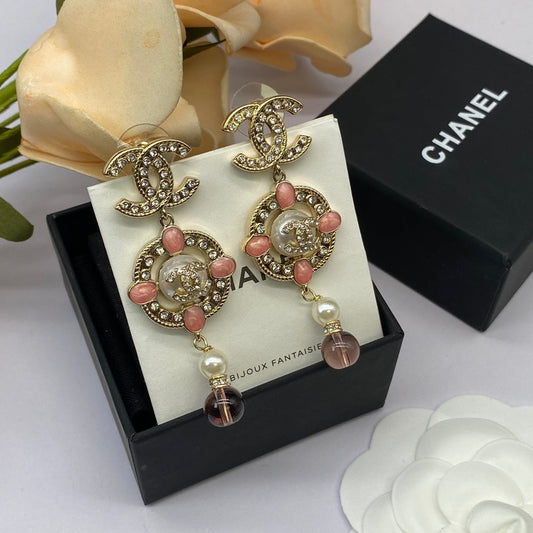 2025 Fashion double C rhinestone pearl drop earrings