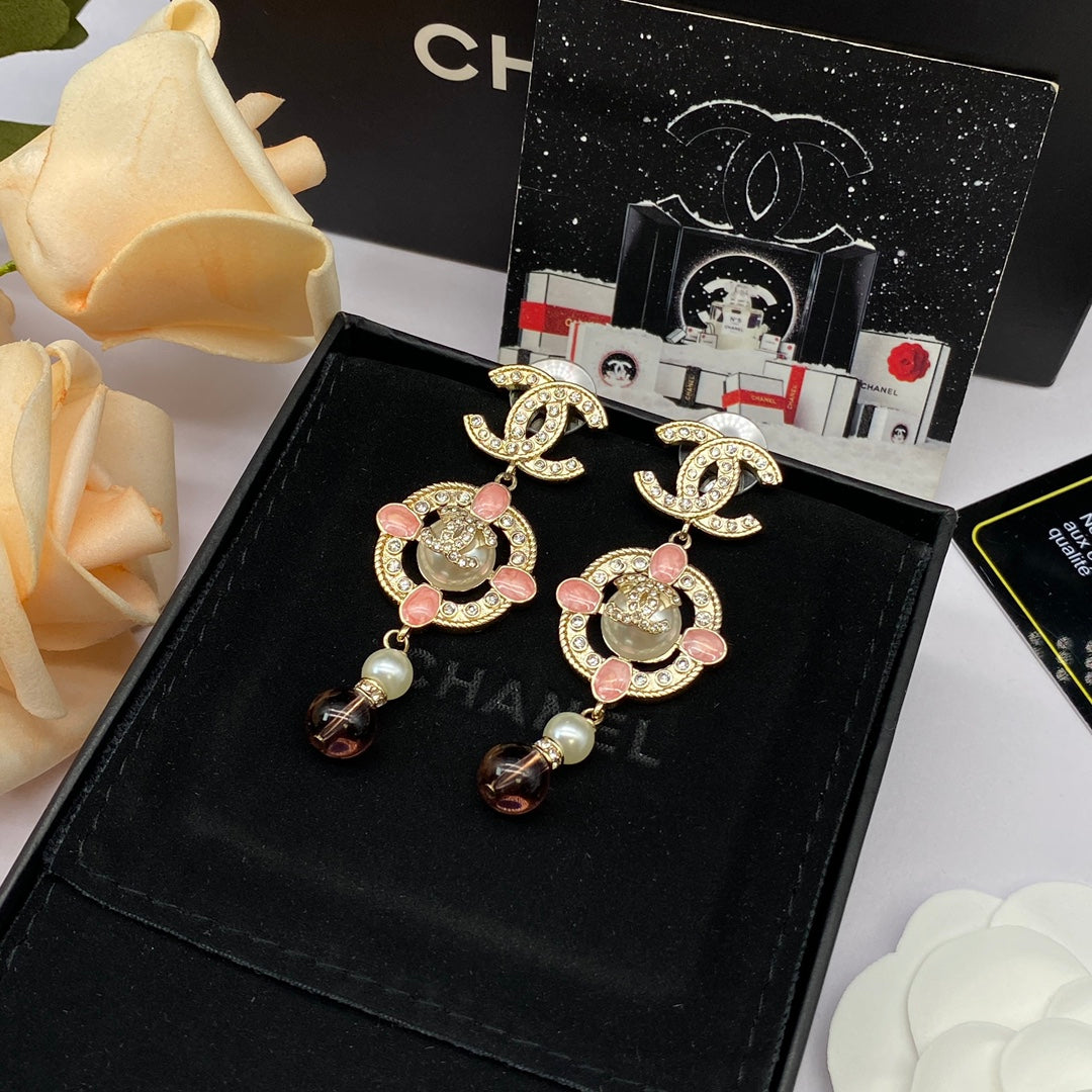 2025 Fashion double C rhinestone pearl drop earrings