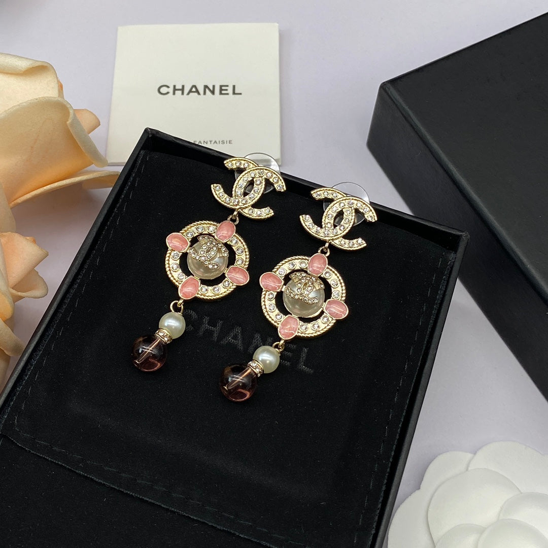 2025 Fashion double C rhinestone pearl drop earrings