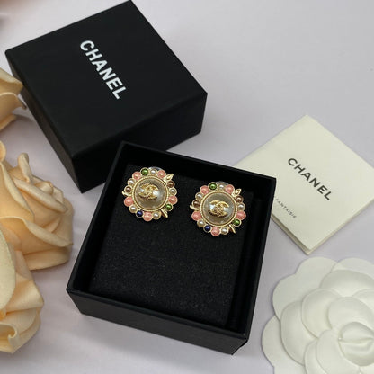2025 Fashion double C pearl sunflower round earrings