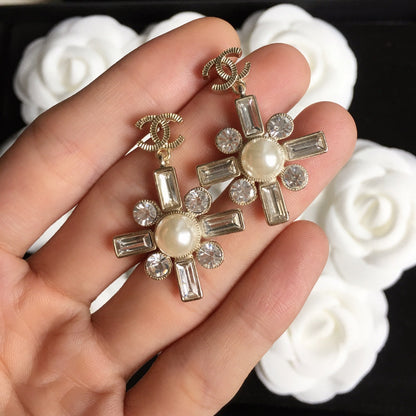 2025 Temperament Square Diamond Pearl Earrings