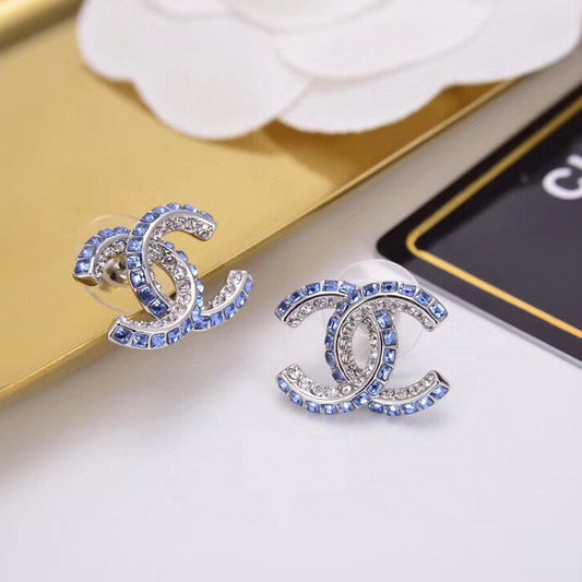 2025 Blue Double Row Diamond Letter Earrings
