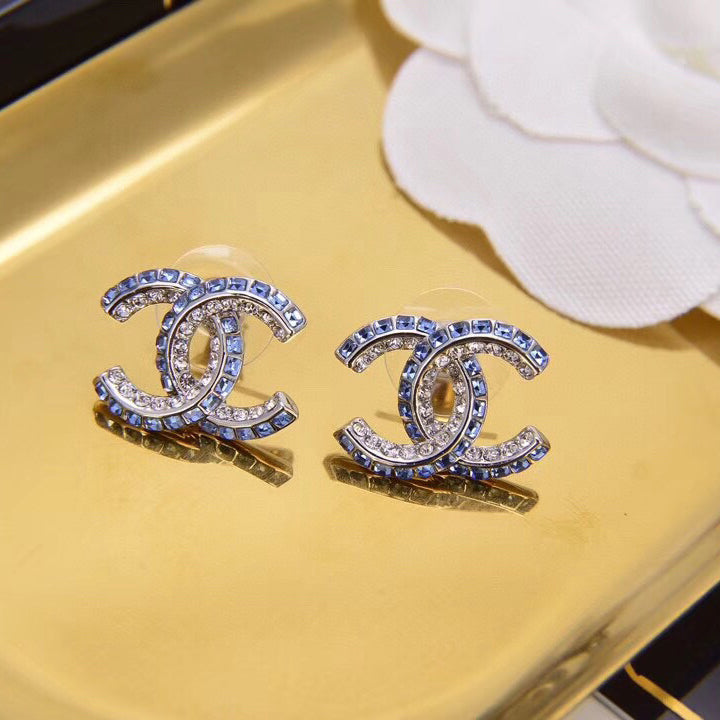 2025 Blue Double Row Diamond Letter Earrings