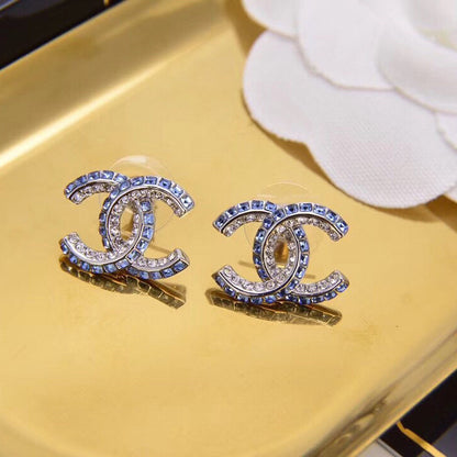 2025 Blue Double Row Diamond Letter Earrings