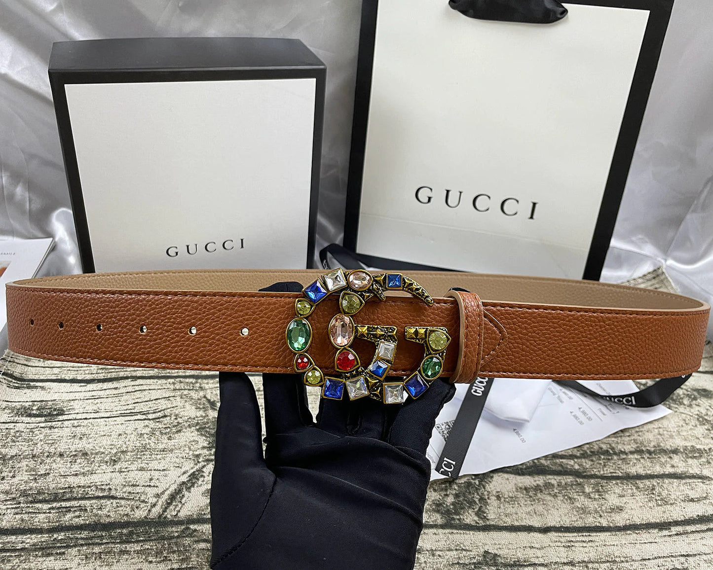 2025 4 Colors  double G seven-color rhinestone double-sided lychee pattern belt