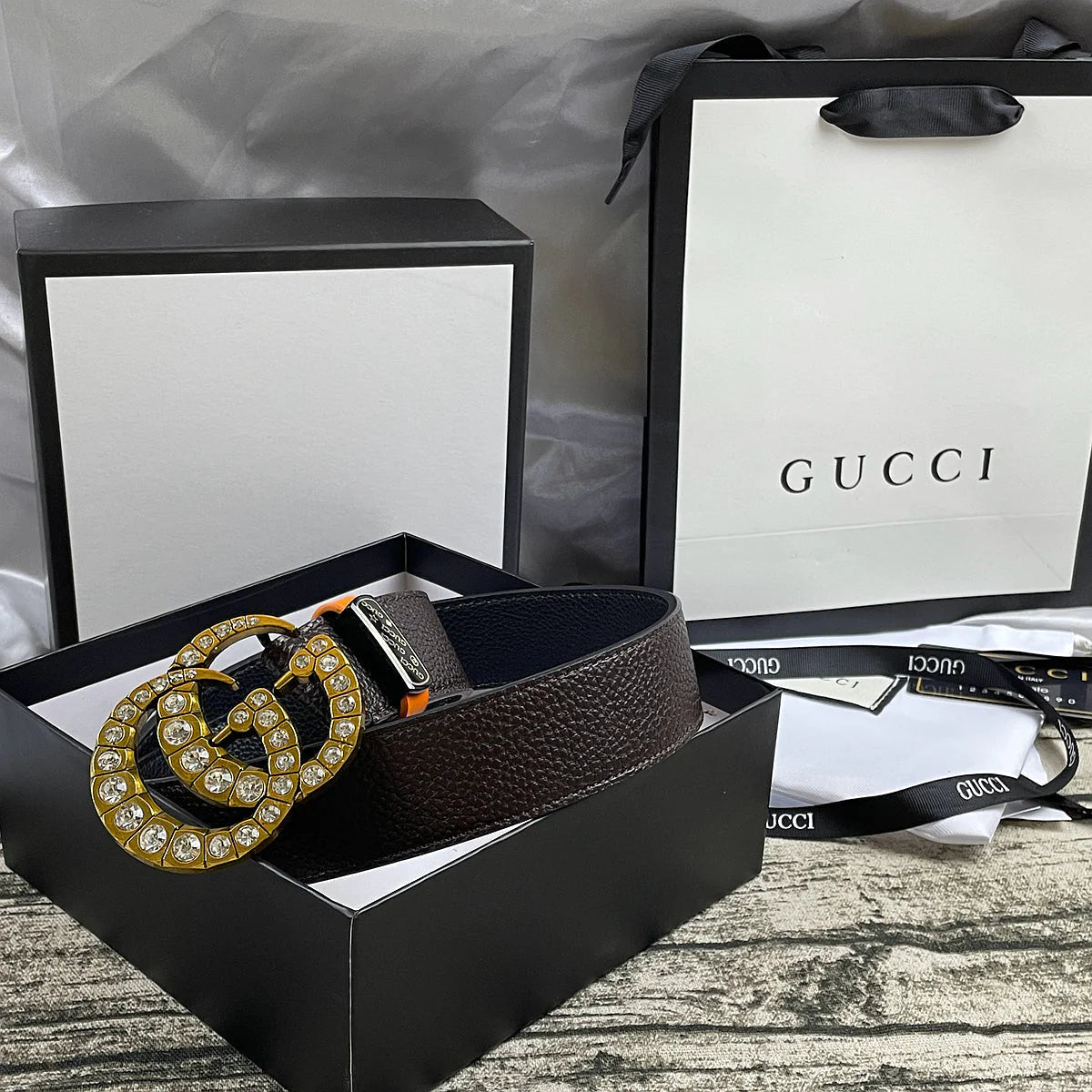 2025 4 Colors  double-G rhinestone double-sided lychee pattern belt