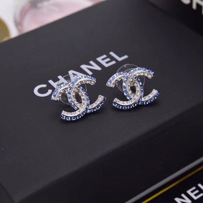 2025 Blue Double Row Diamond Letter Earrings
