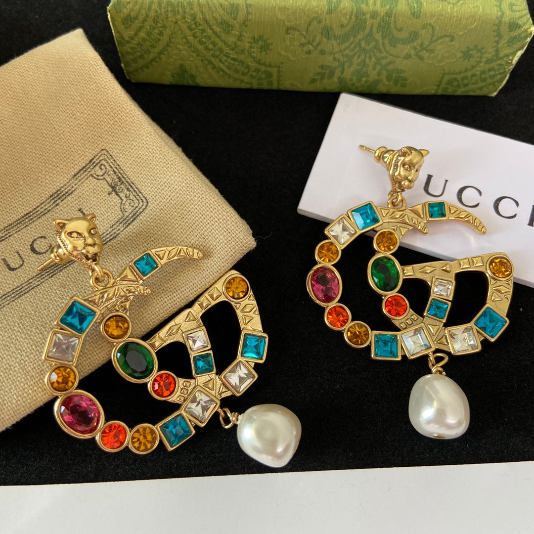 2025 Tiger Head Fancy Diamond Pearl Earrings