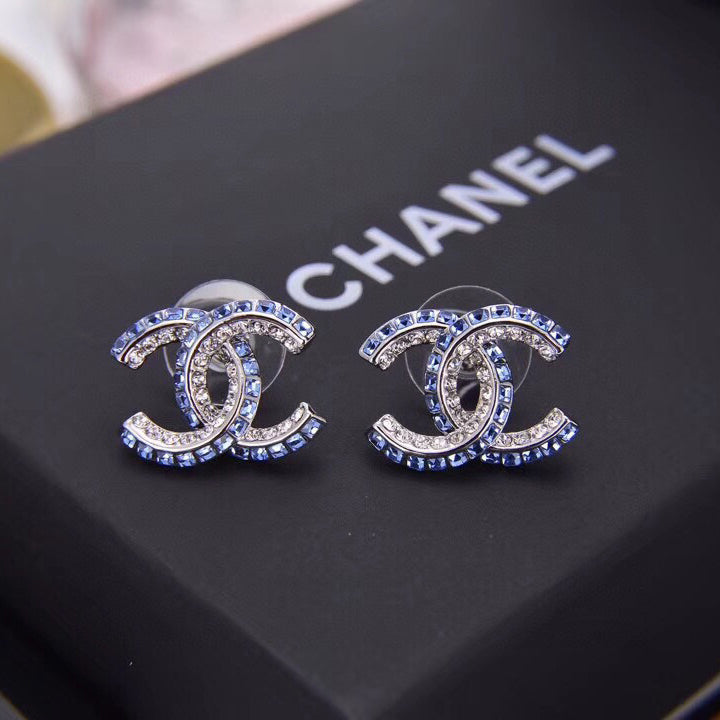 2025 Blue Double Row Diamond Letter Earrings