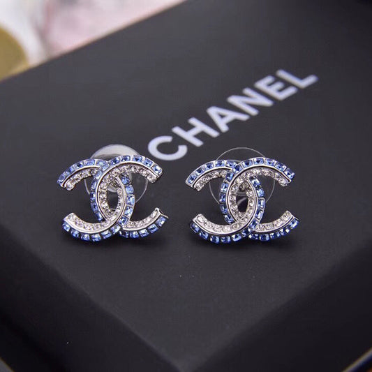 2025 Blue Double Row Diamond Letter Earrings
