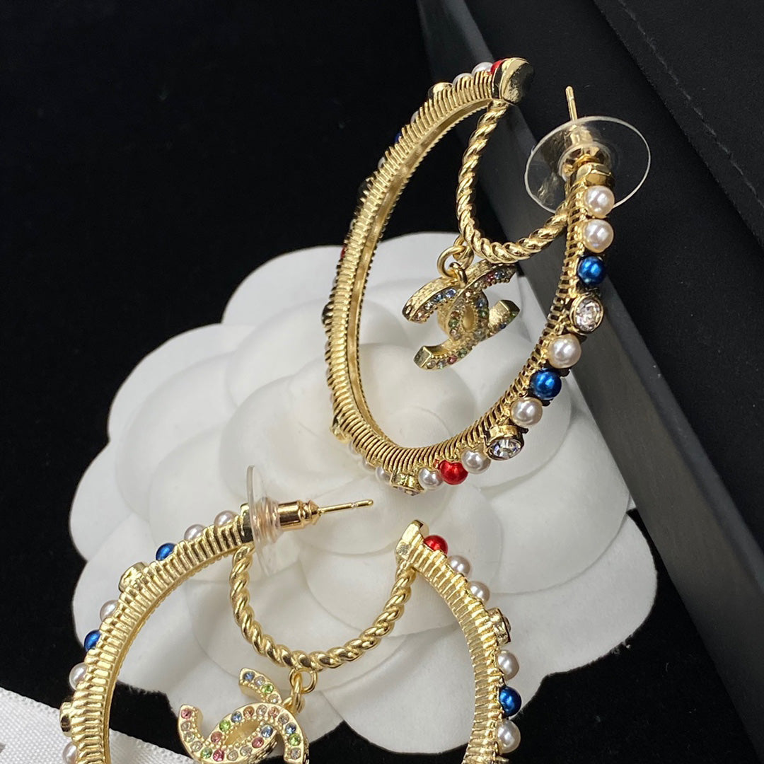 2025 Colored Pearls Large Hoop Earrings