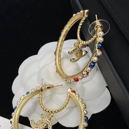 2025 Colored Pearls Large Hoop Earrings