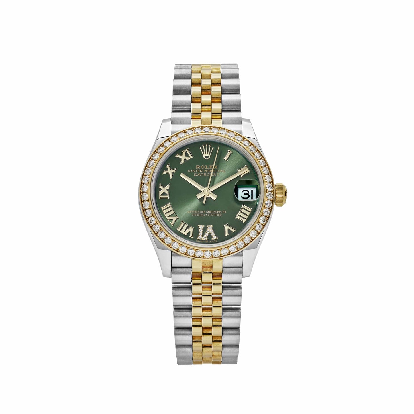 2025 Watch Datejust 278383RBR Two-Toned Yellow Gold Stainless Steel Green Roman Dial Diamond Bezel